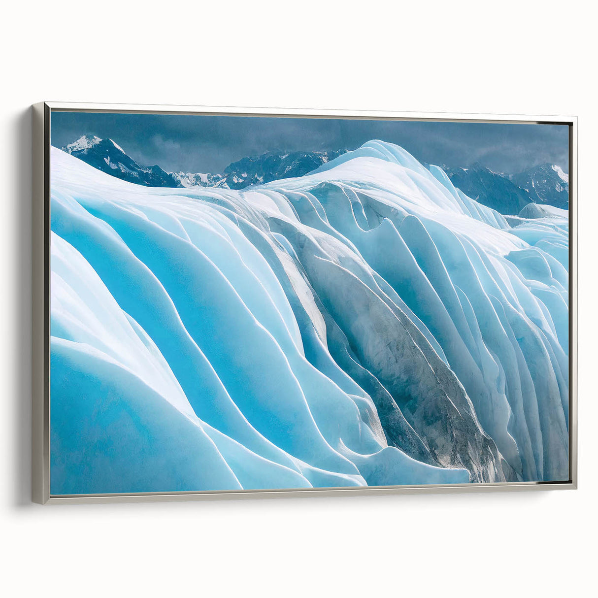 Framed canvas wall art showcasing a stunning glacier landscape design in silver frame, highlighting icy blues and whites, perfect for modern home decor.