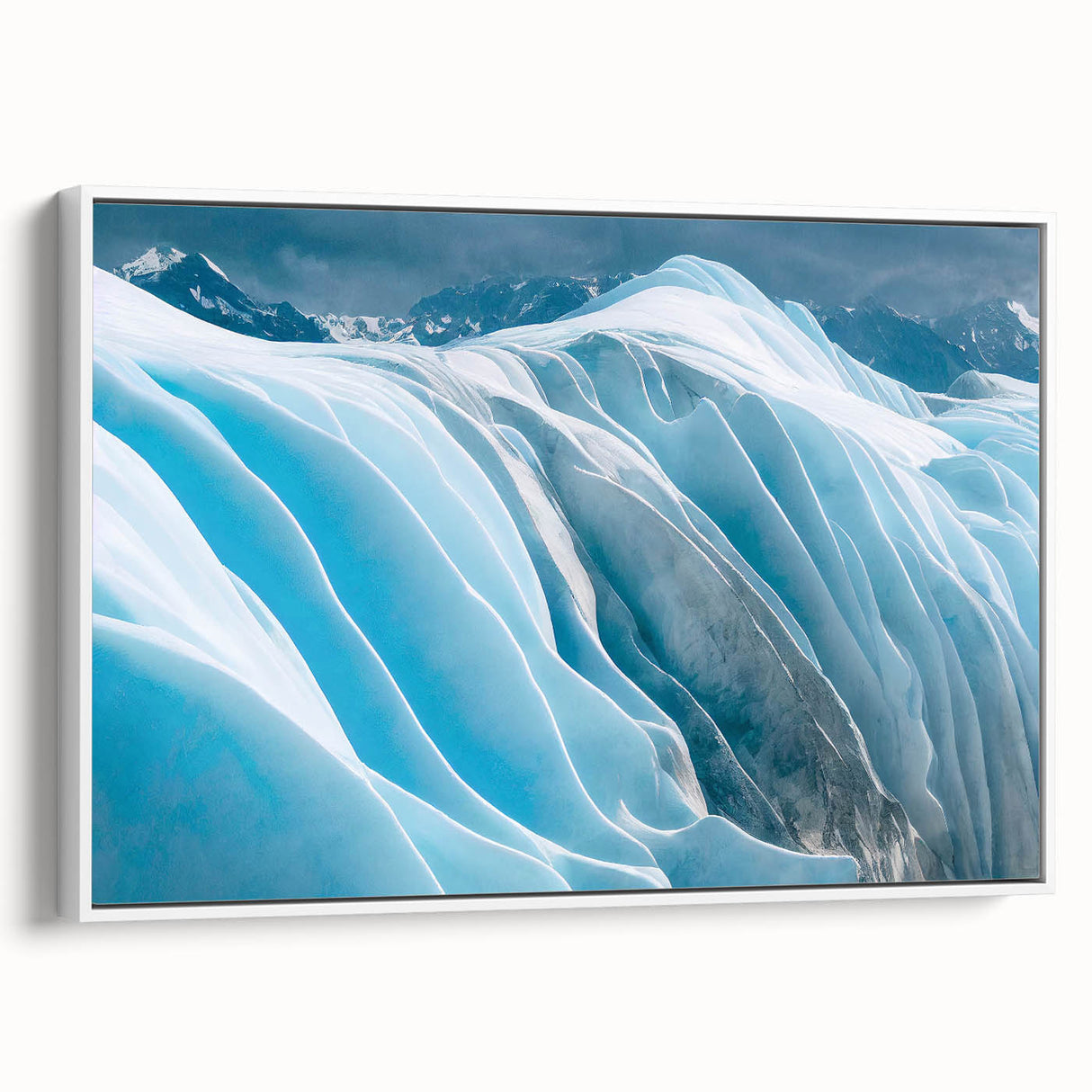 Framed canvas wall art showcasing a stunning glacier landscape design, featuring cool blue tones and intricate details, perfect for enhancing contemporary home decor.