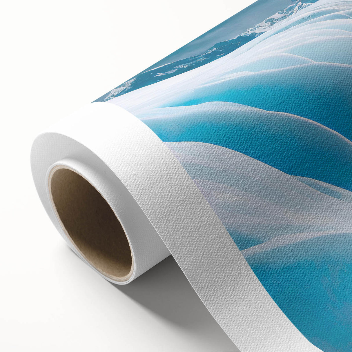 Stunning rolled canvas artwork showcasing a vibrant glacier landscape design, featuring shades of blue and white, ideal for home decor and nature enthusiasts.