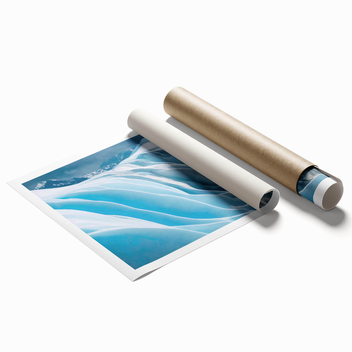 Rolled print showcasing a stunning glacier landscape design, featuring vibrant blue and white tones. Ideal for home decor, packaged securely in a cardboard tube for safe shipping.