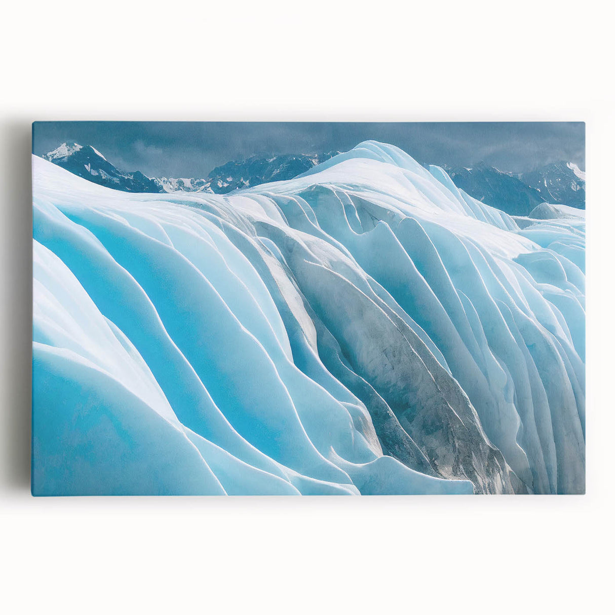 Stretched canvas wall art featuring a serene glacier landscape design in cool blue and white tones, ideal for modern home decor and nature enthusiasts, showcasing intricate details of ice formations and reflections.