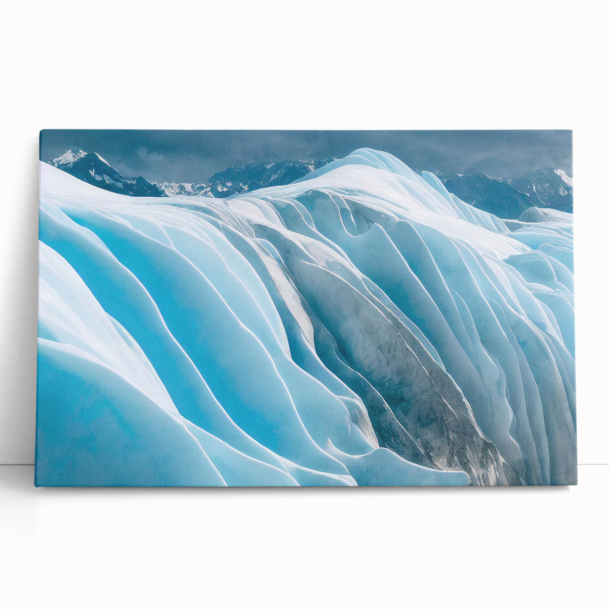 Stretched canvas wall art featuring a stunning glacier landscape design, showcasing vibrant blues and whites, perfect for adding a serene touch to any home decor.