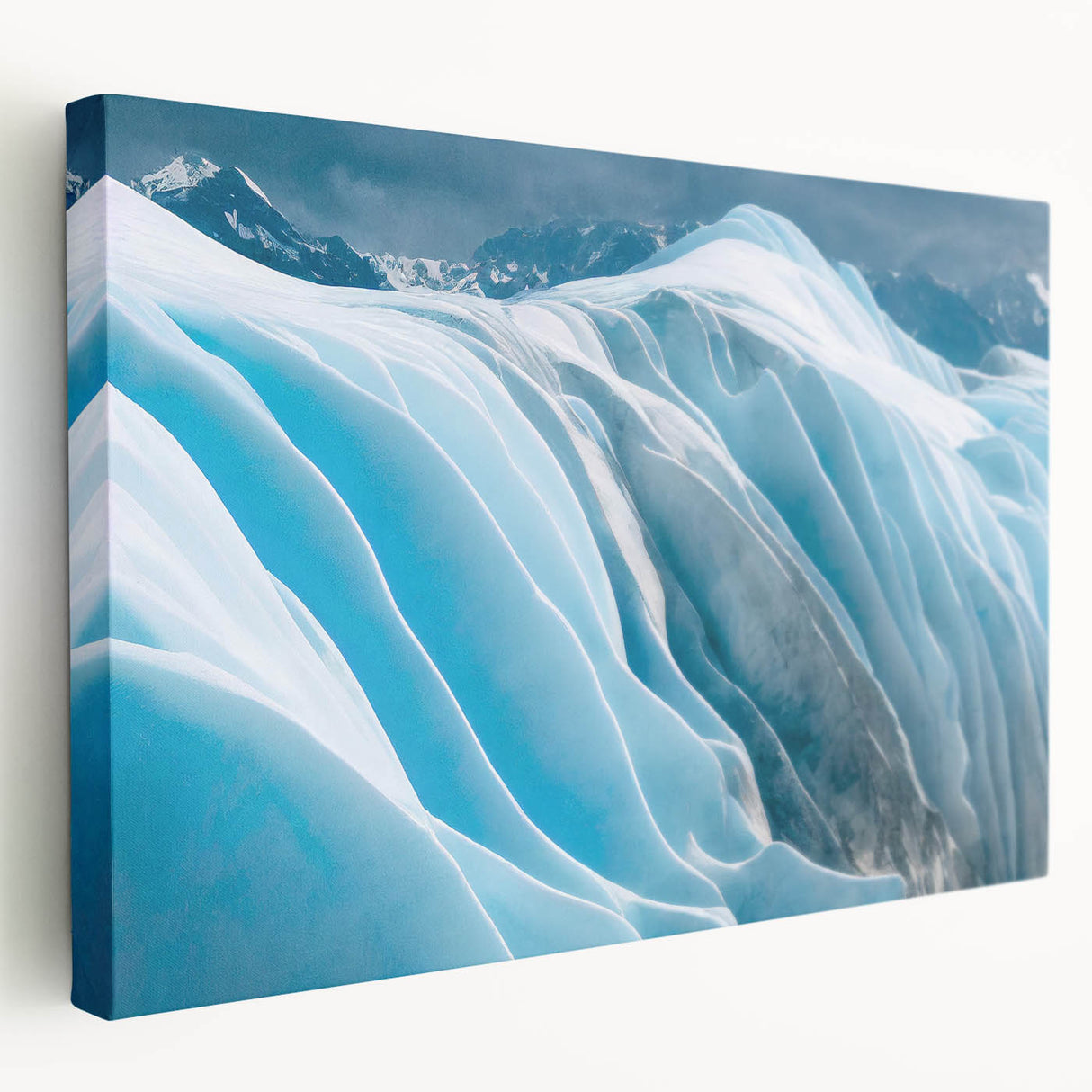 Stretched canvas wall art showcasing a stunning glacier landscape design with vibrant blues and whites, ideal for adding a serene touch to home decor.
