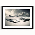 Framed wall art featuring a stunning glacier landscape design, showcased in a sleek black frame with a white mat, perfect for modern home decor.