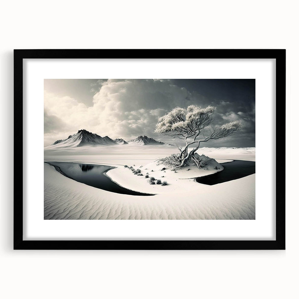 Framed wall art featuring a stunning glacier landscape design, showcased in a sleek black frame with a white mat, perfect for modern home decor.