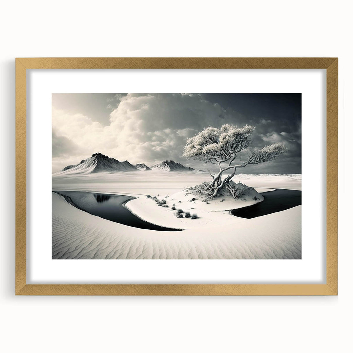 Framed landscape wall art featuring a serene glacier design, accentuated with a gold frame and mat, ideal for modern home decor in living spaces.