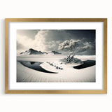Framed landscape wall art featuring a serene glacier design, accentuated with a gold frame and mat, ideal for modern home decor in living spaces.