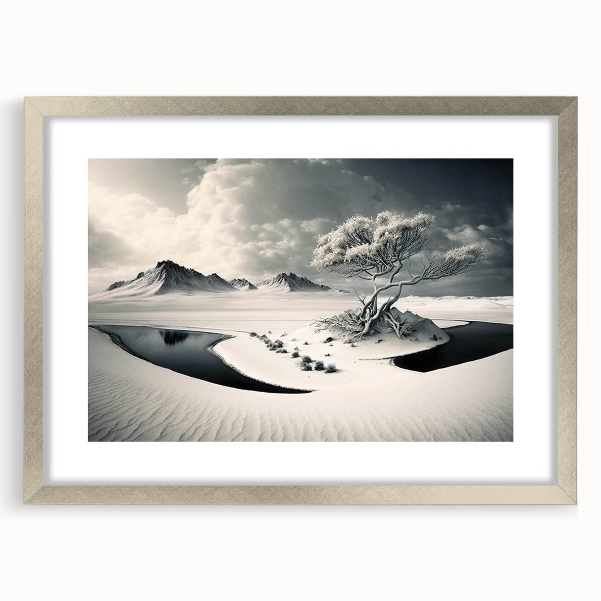 Framed silver wall art showcasing a stunning glacier landscape design, complete with a mat, ideal for home decor. Perfect centerpiece for modern interiors.