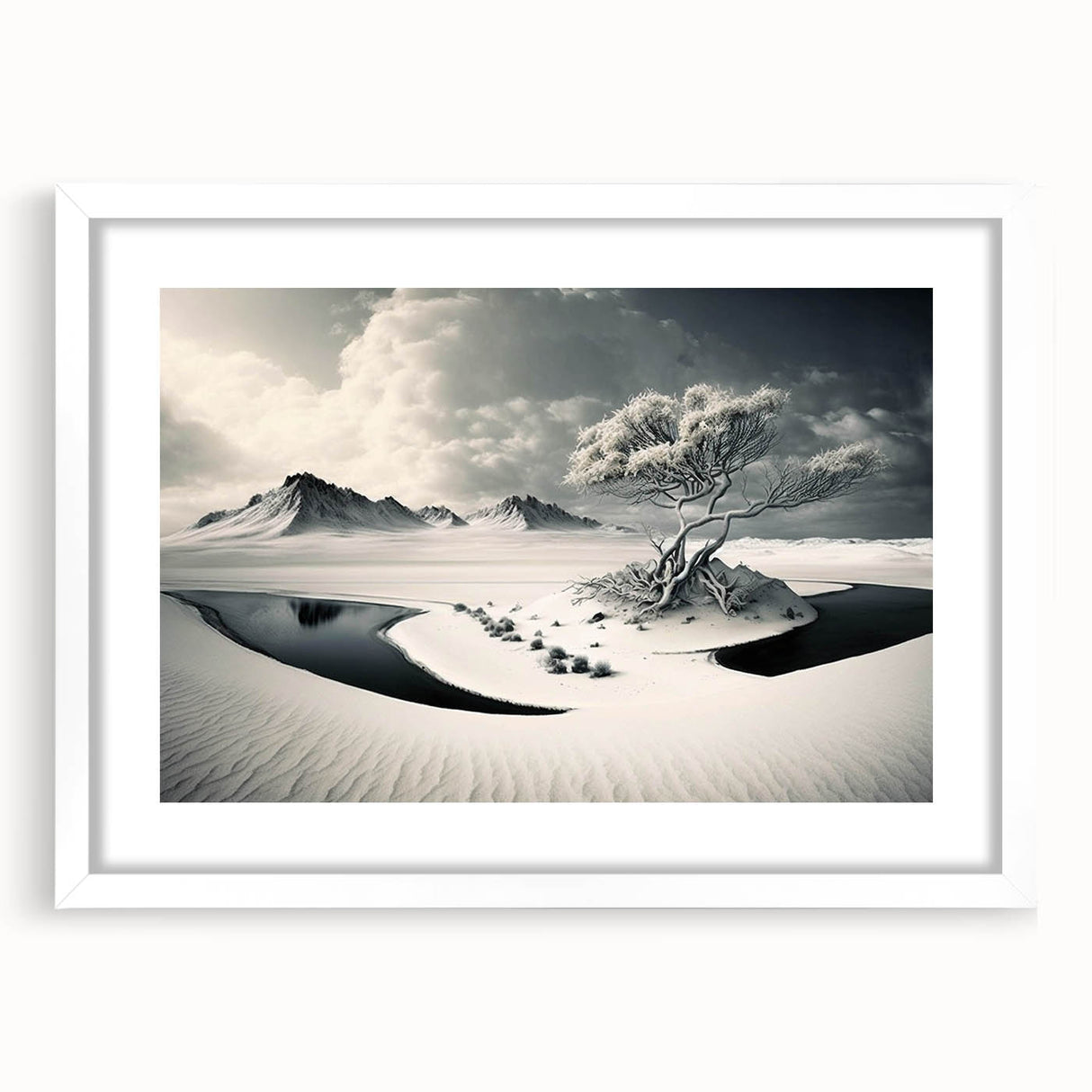Framed landscape wall art featuring a serene glacier design in shades of blue and white, presented with a white mat, ideal for home decor and enhancing interior spaces.