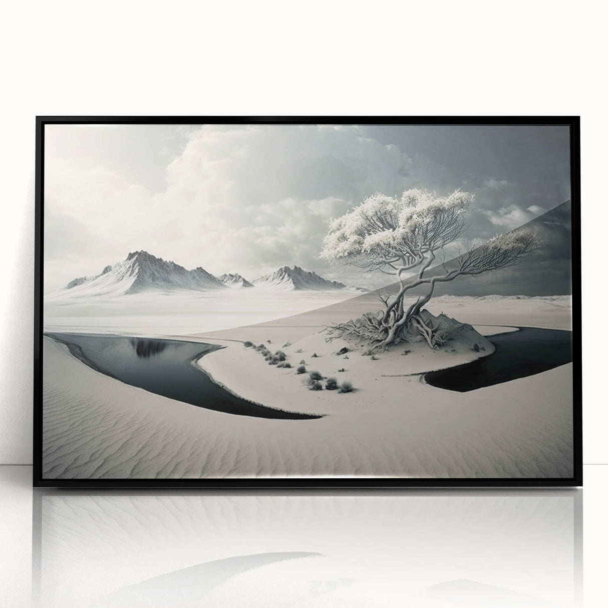 Framed wall art showcasing a stunning glacier landscape design, featuring vibrant blues and whites, set in a sleek black frame, perfect for modern home decor.