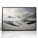 Framed wall art showcasing a stunning glacier landscape design, featuring vibrant blues and whites, set in a sleek black frame, perfect for modern home decor.