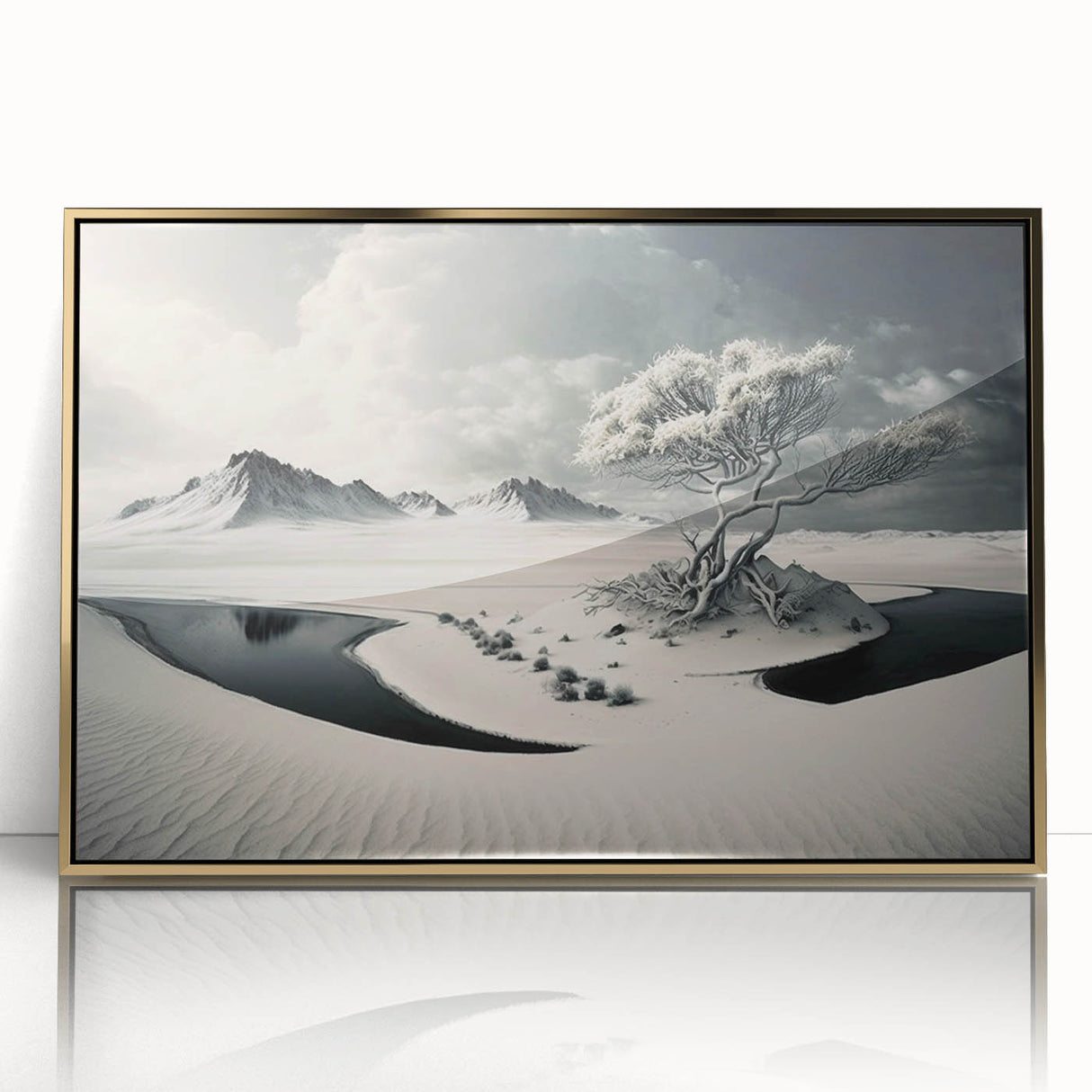 Framed acrylic wall art featuring a stunning glacier landscape design with a gold frame, perfect for modern home decor. Ideal for nature enthusiasts and art lovers.