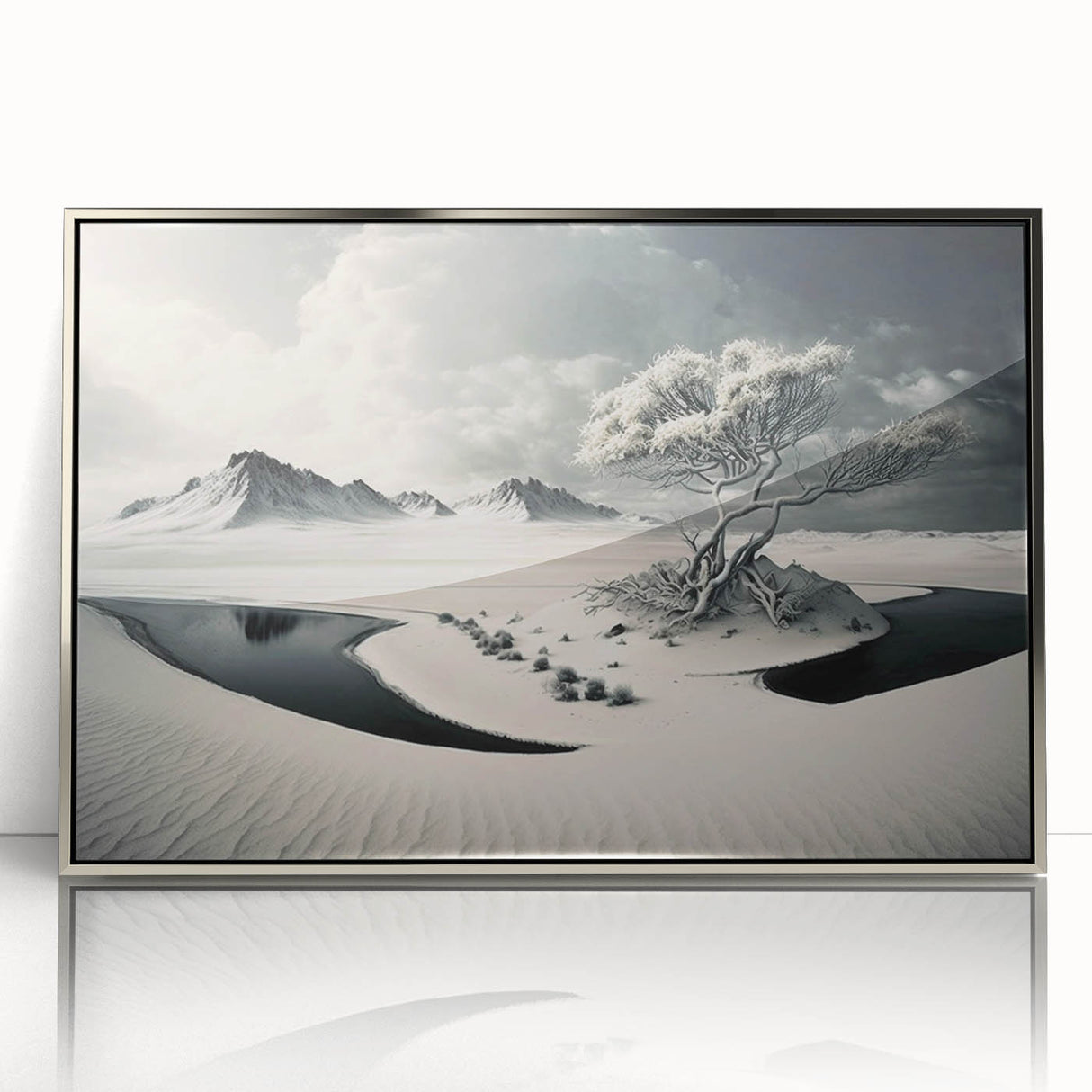 Framed acrylic wall art showcasing a stunning glacier landscape design with silver accents, ideal for modern home decor. Features vibrant colors and intricate details.