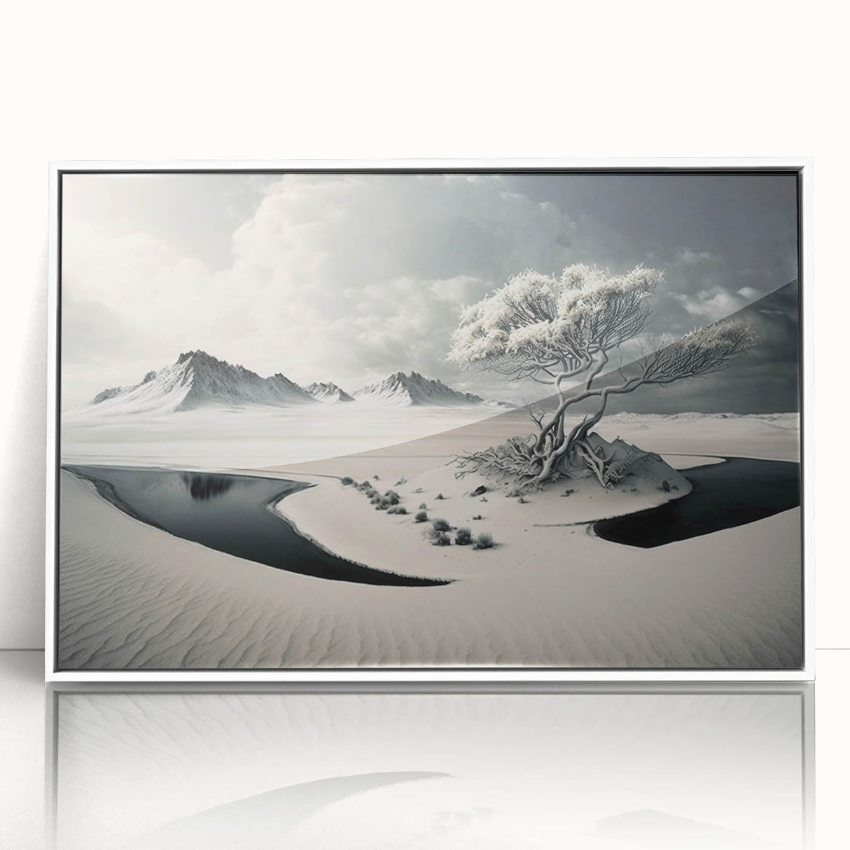 Framed acrylic wall art featuring a stunning glacier landscape design in a sleek white frame, perfect for modern home decor. The serene icy blues and whites evoke tranquility, making it an ideal centerpiece for living rooms or offices.