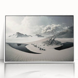 Framed acrylic wall art featuring a stunning glacier landscape design in a sleek white frame, perfect for modern home decor. The serene icy blues and whites evoke tranquility, making it an ideal centerpiece for living rooms or offices.