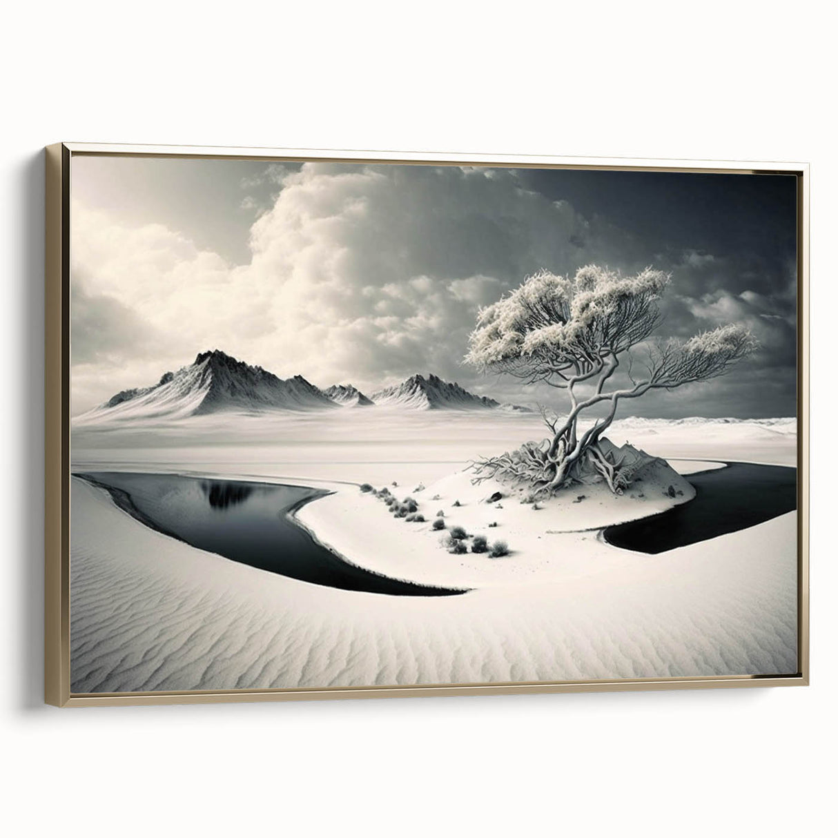 Framed canvas wall art showcasing a stunning glacier landscape design with gold accents, displayed from a side view, ideal for enhancing modern home decor.