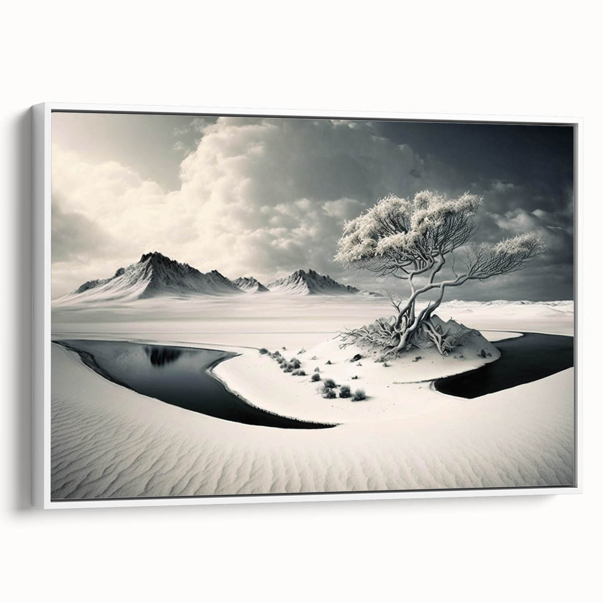 Framed canvas wall art from the Glacier Design 14 collection, showcasing a serene landscape with snow-capped mountains and vibrant blue skies, perfect for home decor.