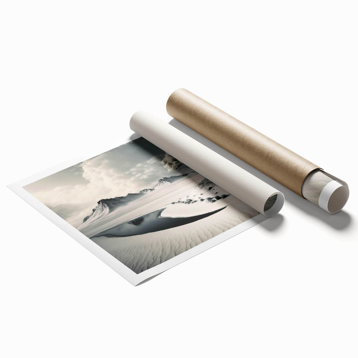 Vibrant rolled print showcasing a stunning glacier landscape design, featuring icy blues and whites, perfect for home decor enhancement. Packaged securely in a cardboard tube for safe delivery.