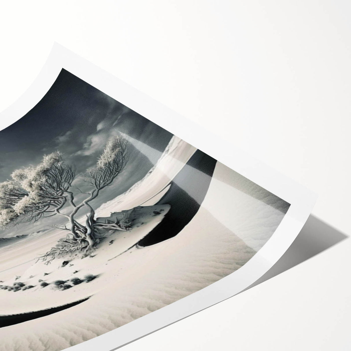Rolled print of a stunning glacier landscape design, showcasing icy blues and whites, perfect for home decor, securely packaged in a protective cardboard tube.