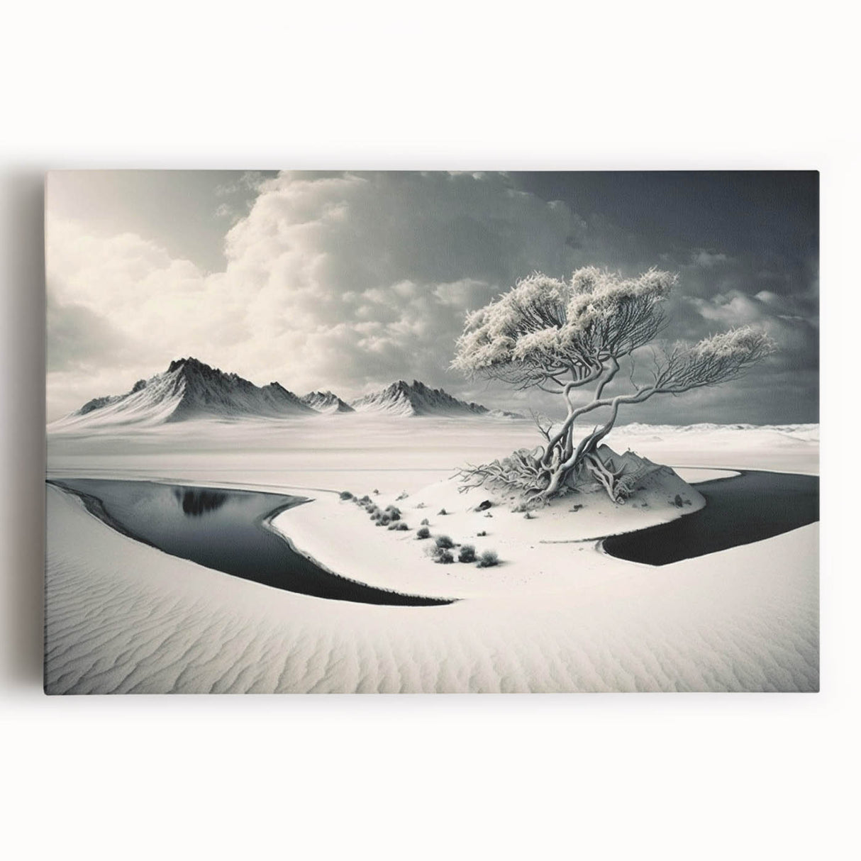 Stretched canvas wall art showcasing a stunning glacier landscape design in vibrant blues and whites, ideal for home decor or office settings, enhancing any space with its serene, icy beauty.