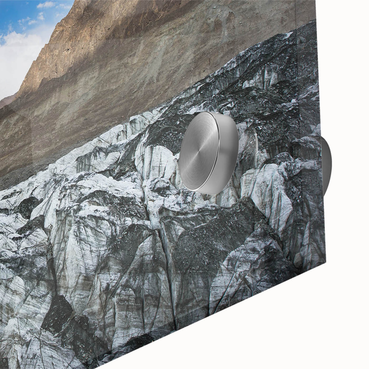 Close-up of a stunning acrylic wall art piece showcasing a vibrant glacier landscape design, emphasizing intricate details and rich colors, perfect for home decor.