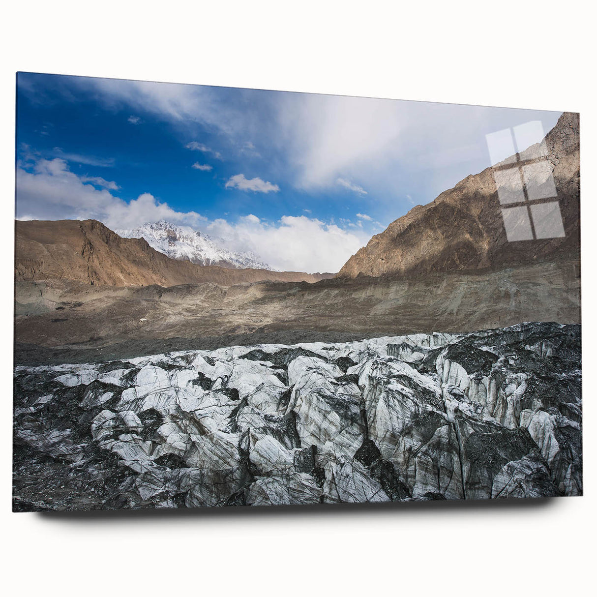 Acrylic glass wall art showcasing a stunning glacier landscape design, featuring vibrant blues and whites, elegantly displayed from a side view without mounting pins.