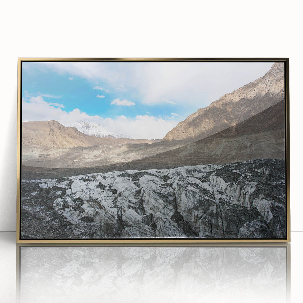 Framed acrylic wall art depicting a stunning glacier landscape design with gold accents, showcasing vibrant blues and whites, perfect for modern home decor.