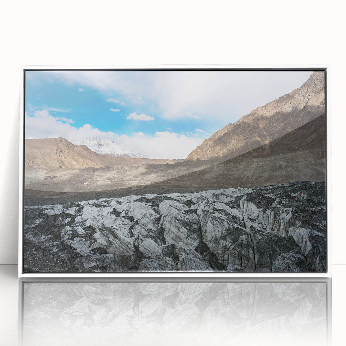 Framed acrylic wall art showcasing a stunning glacier landscape design, featuring vibrant blue and white hues, ideal for modern home decor.