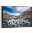 Framed canvas wall art featuring a stunning glacier landscape design, showcasing icy blues and whites, with a sleek black frame, ideal for modern decor.