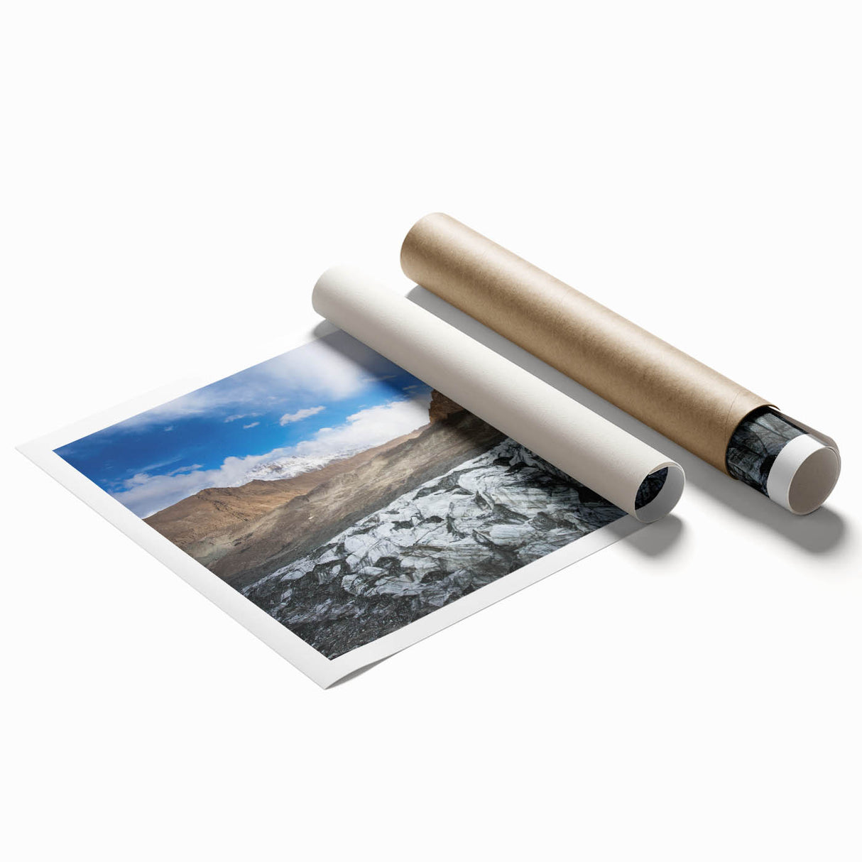 Stunning rolled print showcasing a vibrant glacier landscape design, featuring icy blues and whites, ideal for modern home decor. Packaged securely in a cardboard tube for safe delivery.