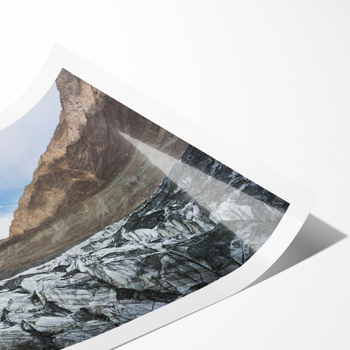 Glacier-inspired wall art print showcasing stunning icy landscapes with vibrant blues and whites, rolled for easy display and transport, perfect for modern decor.