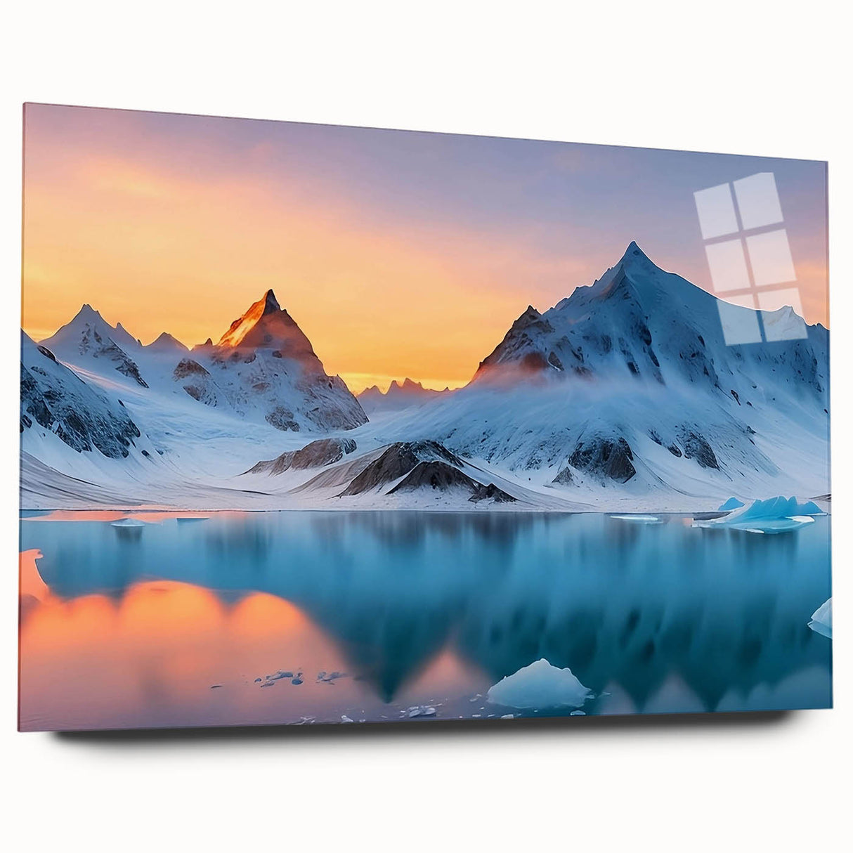 Acrylic glass wall art displaying a stunning glacier landscape design, side view showcasing vibrant colors and intricate details, perfect for modern home decor.