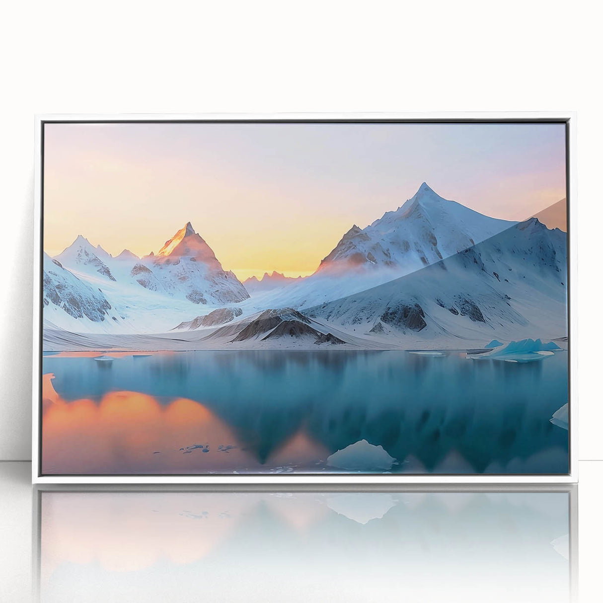 Framed acrylic wall art showcasing a stunning glacier landscape design, featuring vibrant blues and whites, ideal for modern home decor. Perfect for nature enthusiasts seeking to enhance their living space with a touch of elegance.