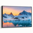 Framed canvas wall art showcasing a stunning glacier landscape design, featuring vibrant blues and whites, with a sleek black frame, perfect for modern decor.