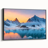 Framed canvas wall art showcasing a stunning glacier landscape design, featuring vibrant blues and whites, with a sleek black frame, perfect for modern decor.