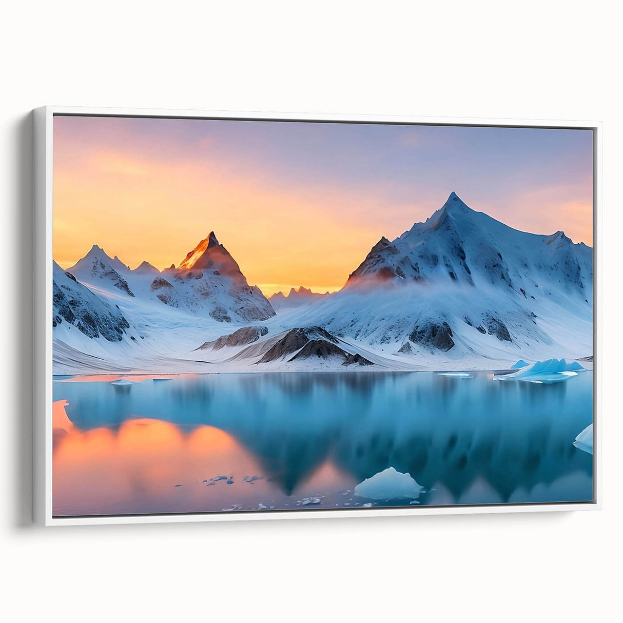Framed canvas wall art showcasing a stunning glacier landscape design, featuring cool blue and white tones, elegantly displayed from a side view against a white background.