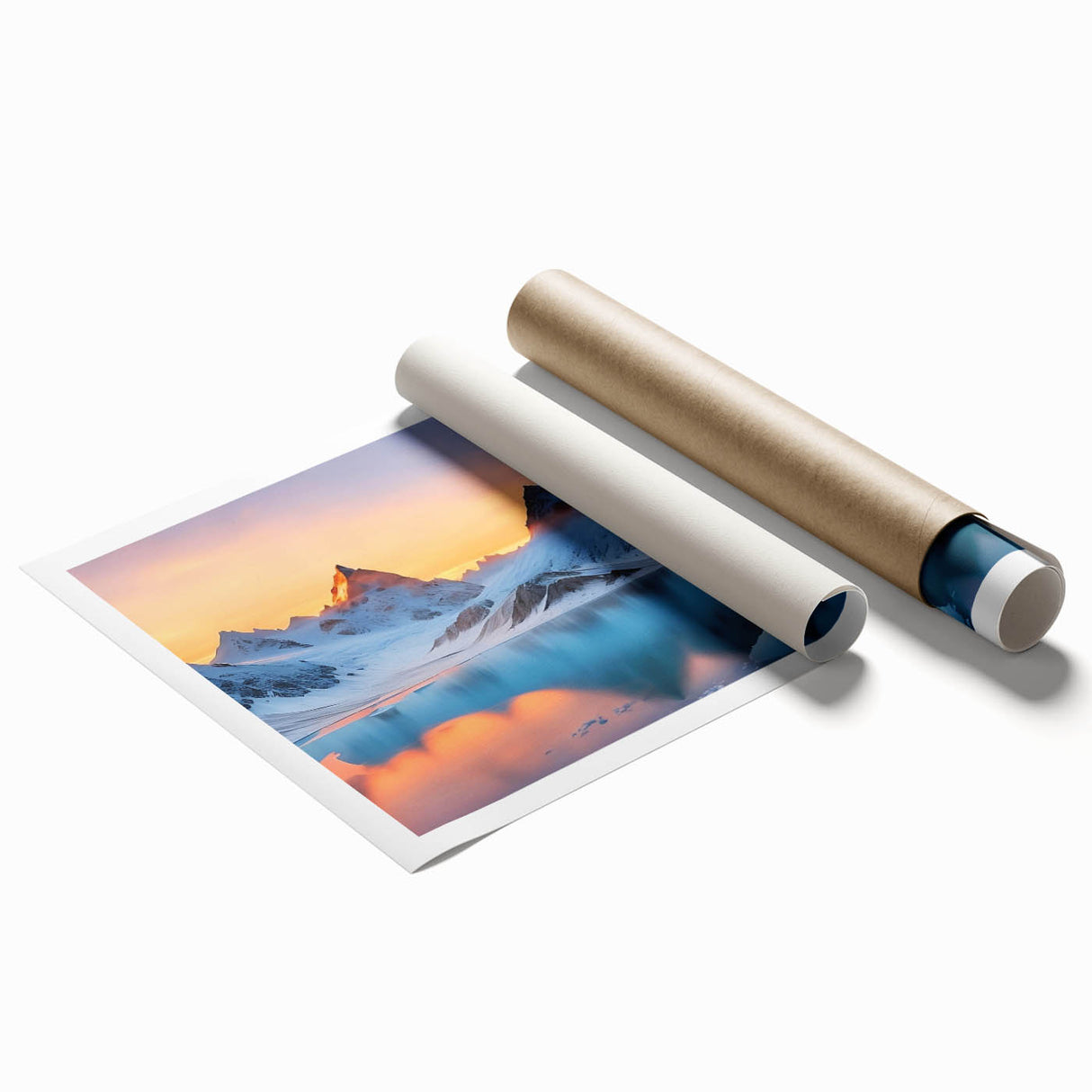 Vibrant rolled print of a glacier landscape wall art design featuring icy blues and whites, showcasing majestic mountain scenery ideal for home decor.