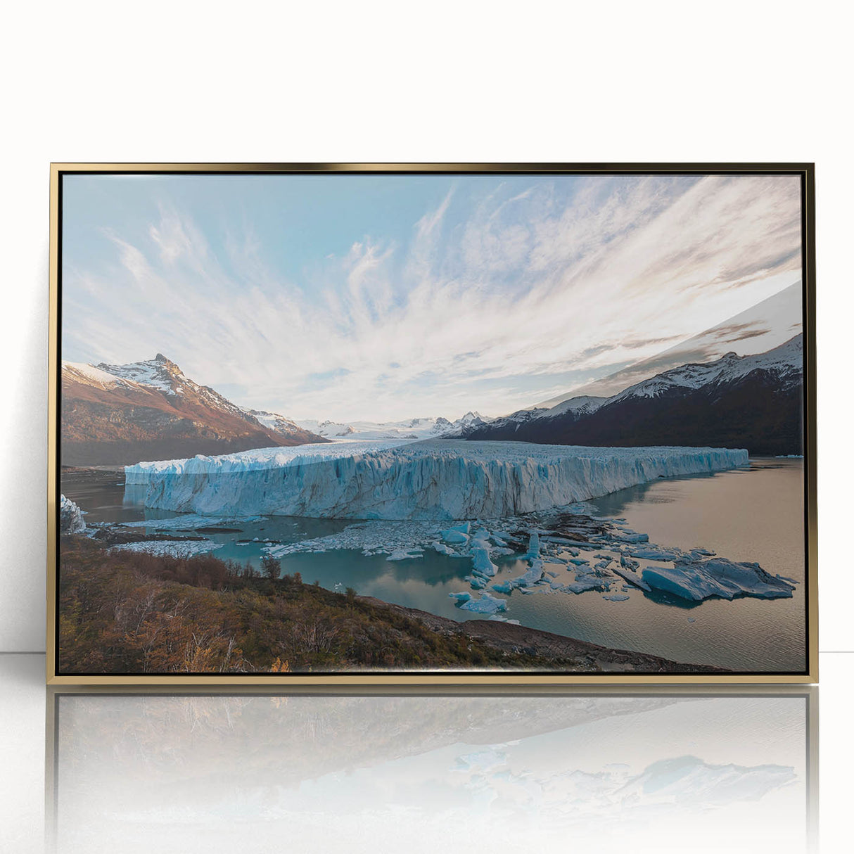 Framed acrylic wall art featuring a stunning glacier landscape design with gold accents, perfect for modern home decor. The piece showcases icy blues and whites, highlighting the beauty of nature in a contemporary presentation.