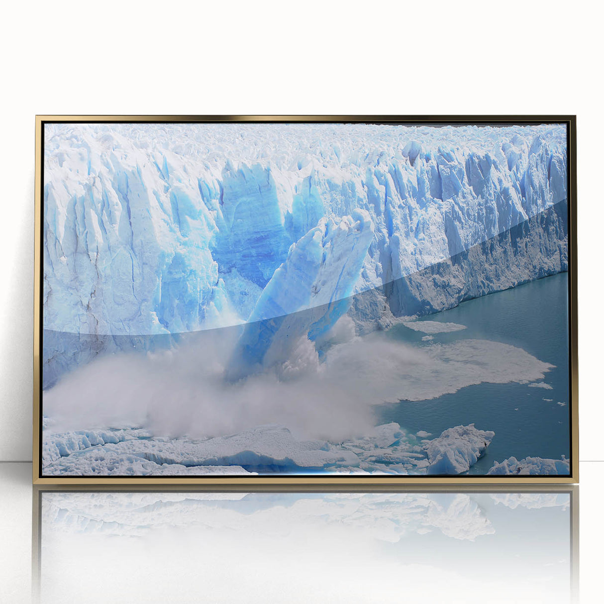 Framed acrylic wall art from the Glacier Design 18 collection showcasing a stunning landscape scene, featuring vibrant colors and a sleek gold frame, perfect for modern home decor.
