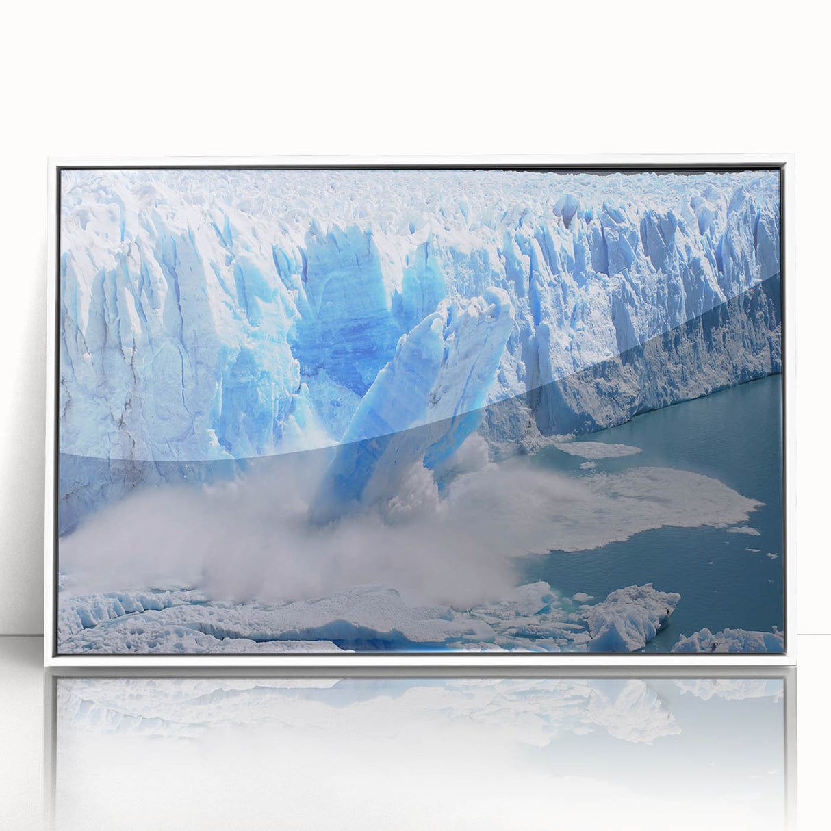 Framed wall art showcasing a stunning glacier landscape design in acrylic, featuring a white frame, perfect for modern home decor and nature enthusiasts.