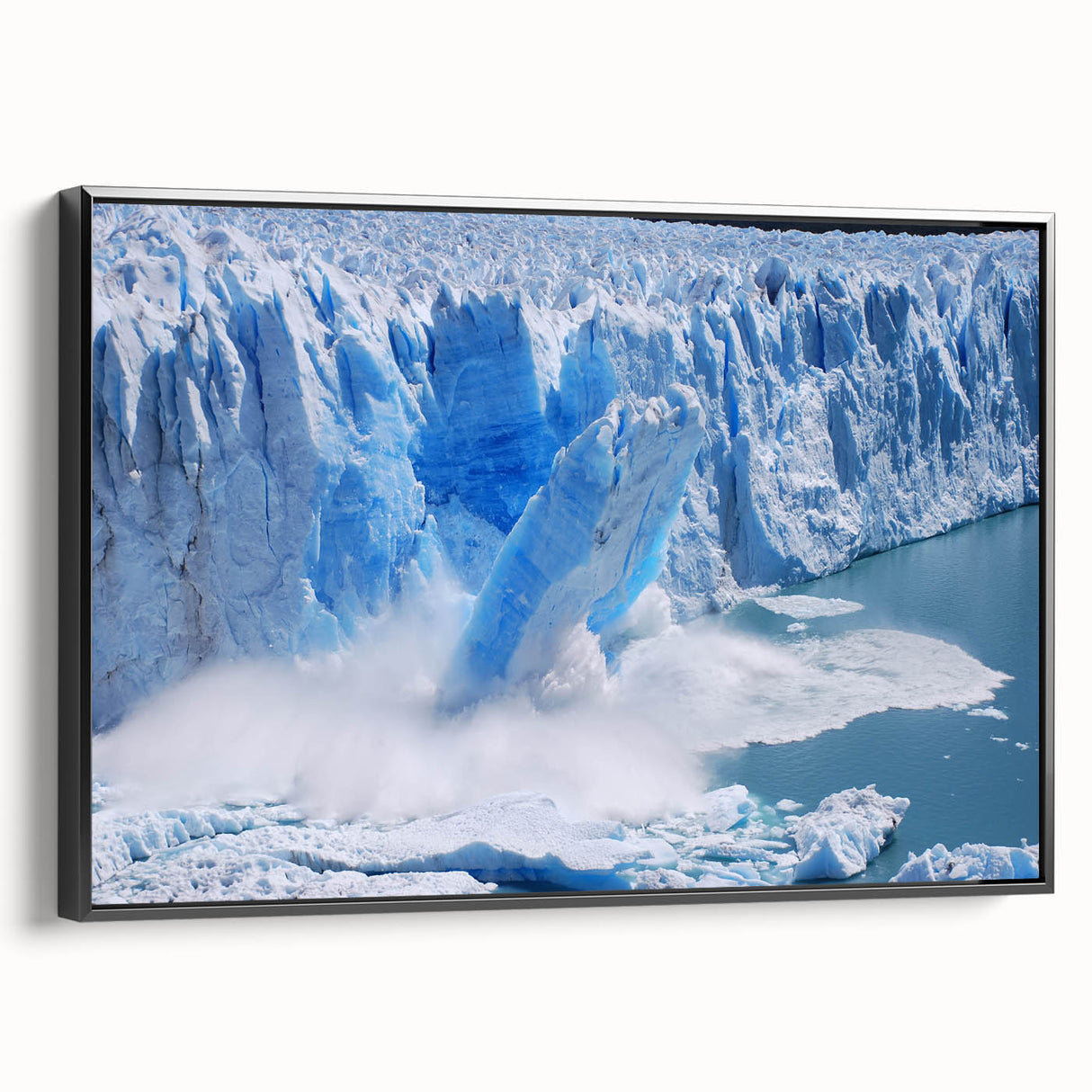 Framed canvas wall art showcasing a stunning glacier landscape design in a black frame, viewed from the side with a modern aesthetic for home decor. Perfect for nature lovers.
