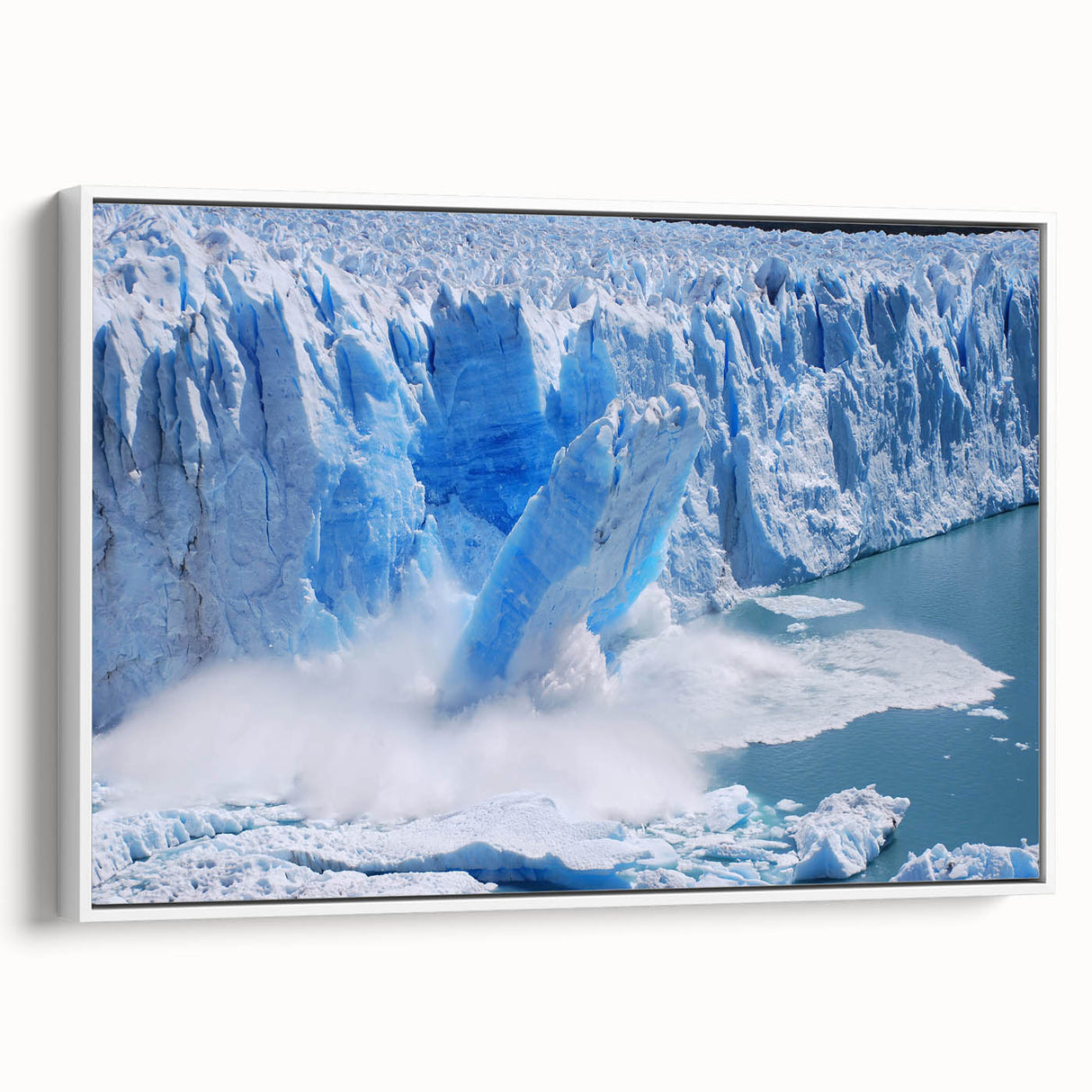 Framed canvas wall art showcasing a stunning glacier landscape design, featuring cool blue tones and intricate details, ideal for enhancing modern home decor.