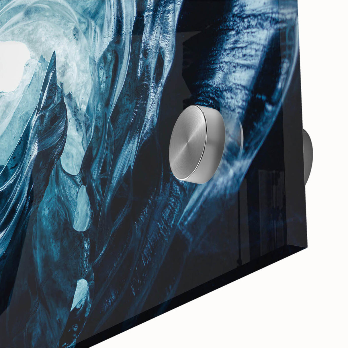 Close-up of a vibrant acrylic glass wall art piece showcasing a stunning glacier landscape design, featuring rich blues and whites that evoke a sense of serenity and natural beauty, perfect for modern home decor.