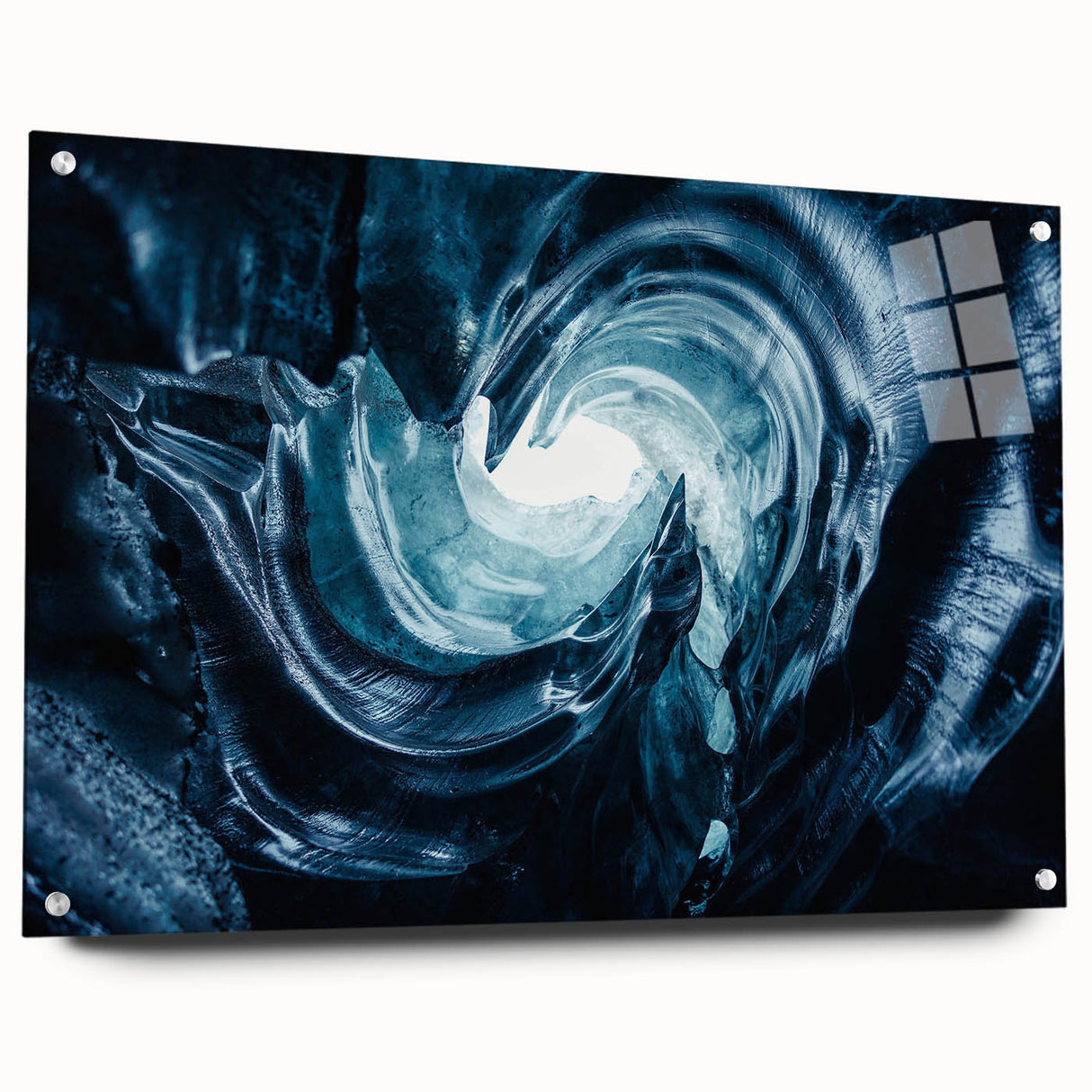 Acrylic glass wall art featuring a stunning glacier landscape design, showcasing vibrant blues and whites, mounted with stylish pins for an elegant display.
