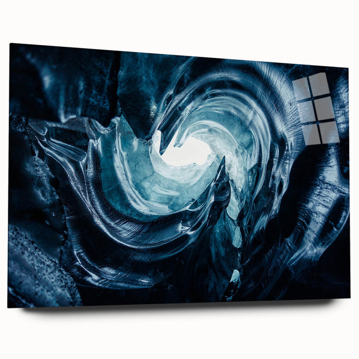 Acrylic glass wall art showcasing a stunning glacier landscape design, featuring vibrant blues and whites, elegantly displayed from a side view, perfect for home décor.