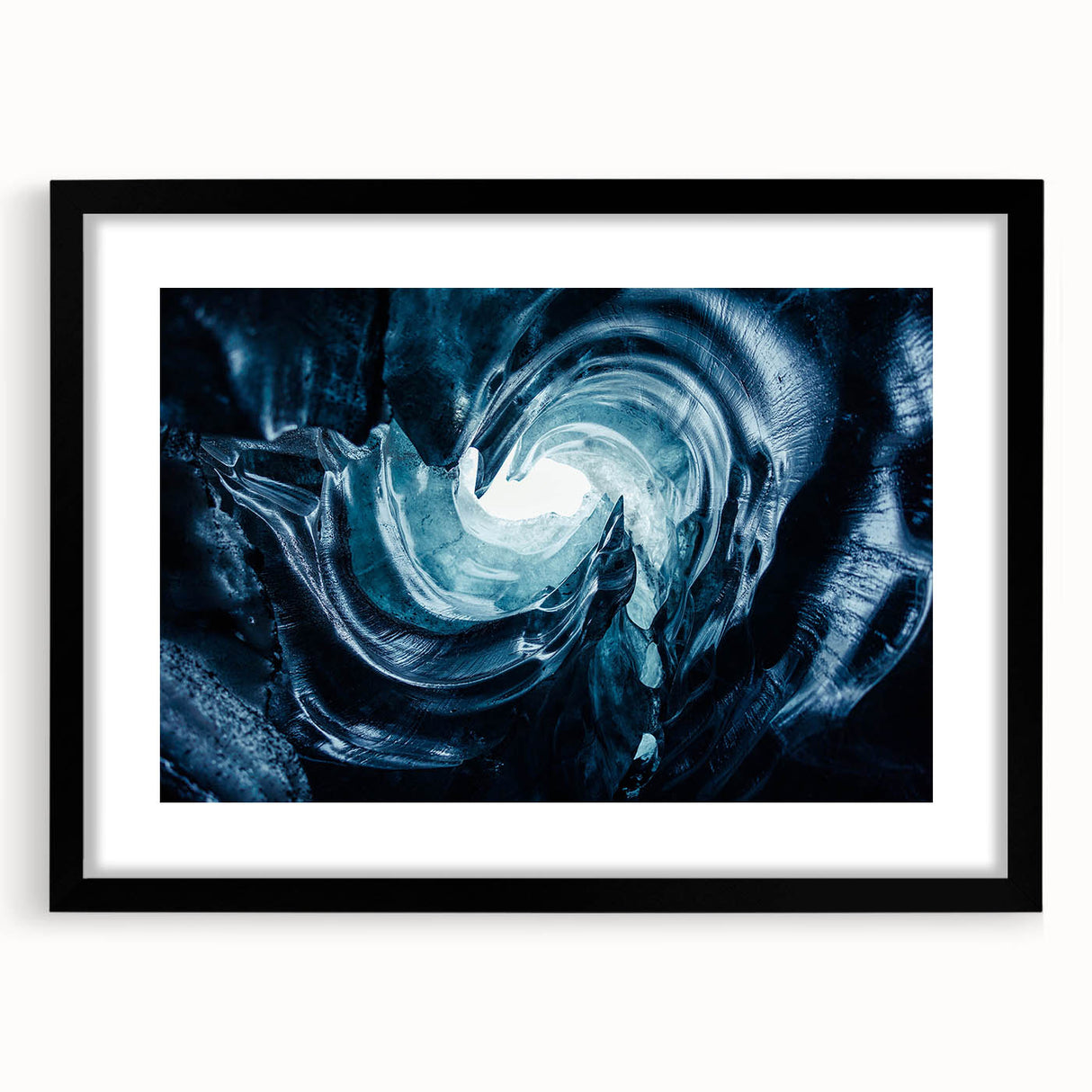 Framed black wall art showcasing a stunning glacier landscape design with a white mat, ideal for modern home decor and art enthusiasts, emphasizing nature's beauty.