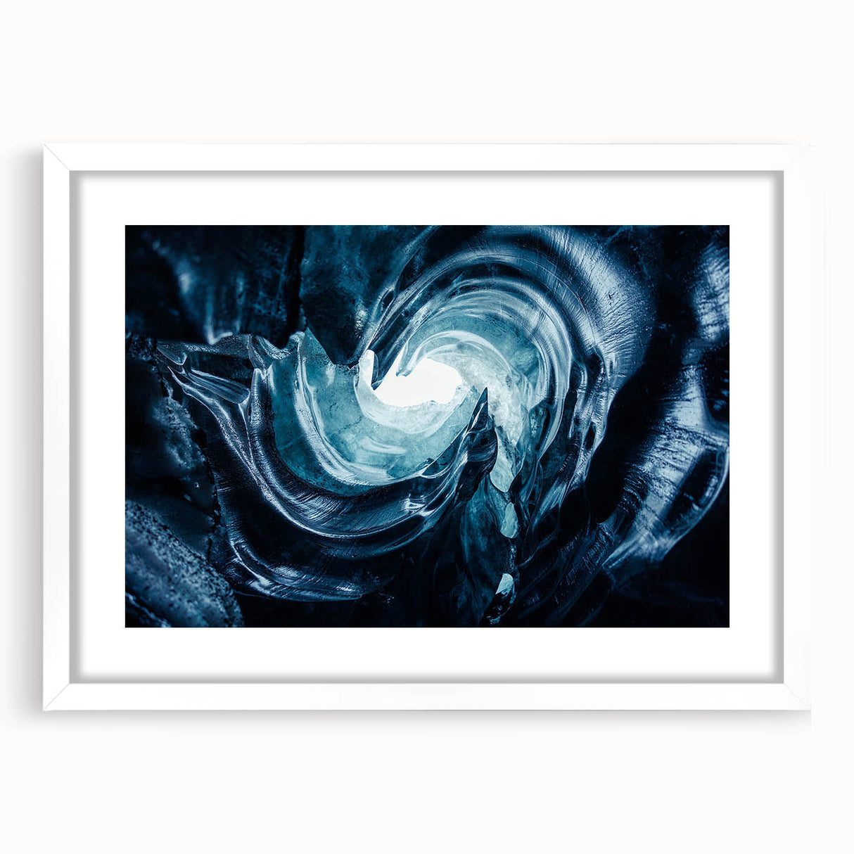 Framed wall art featuring a stunning glacier landscape design with a white mat, perfect for home or office decor, showcasing serene icy blues and whites.