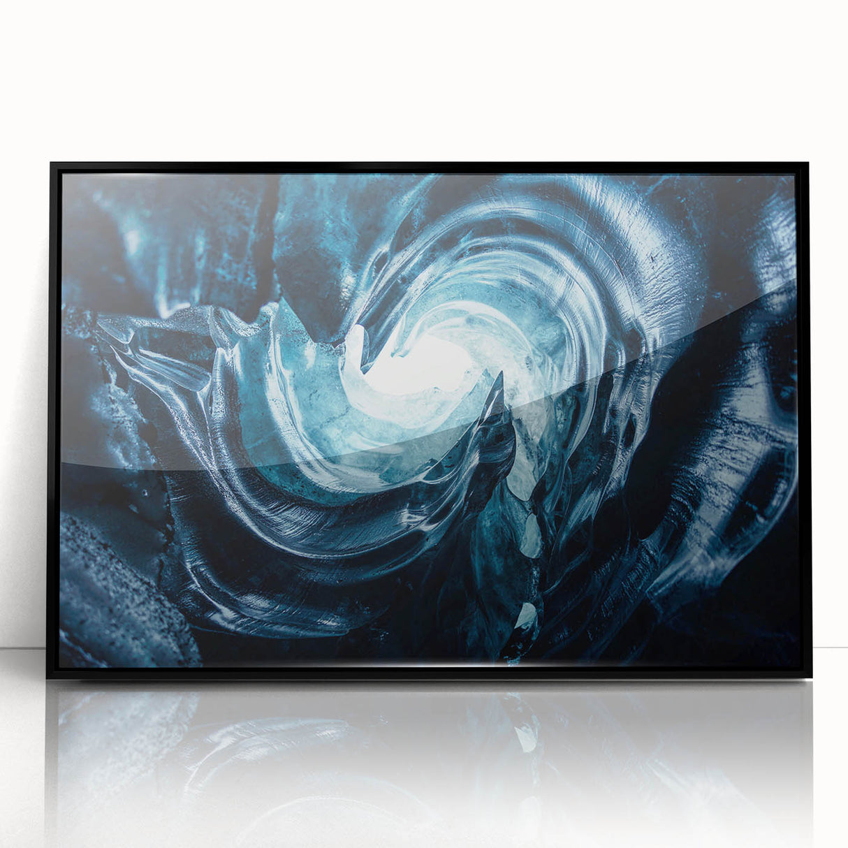 Framed acrylic wall art featuring a stunning glacier landscape design with a sleek black frame, ideal for contemporary home decor. This piece adds a serene touch to any room.
