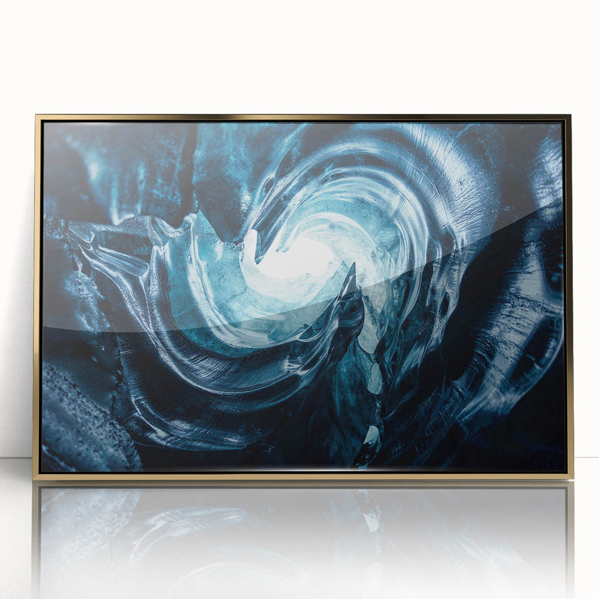 Framed wall art featuring a stunning glacier landscape design in gold-accented acrylic, capturing a serene and majestic view, ideal for modern decor.