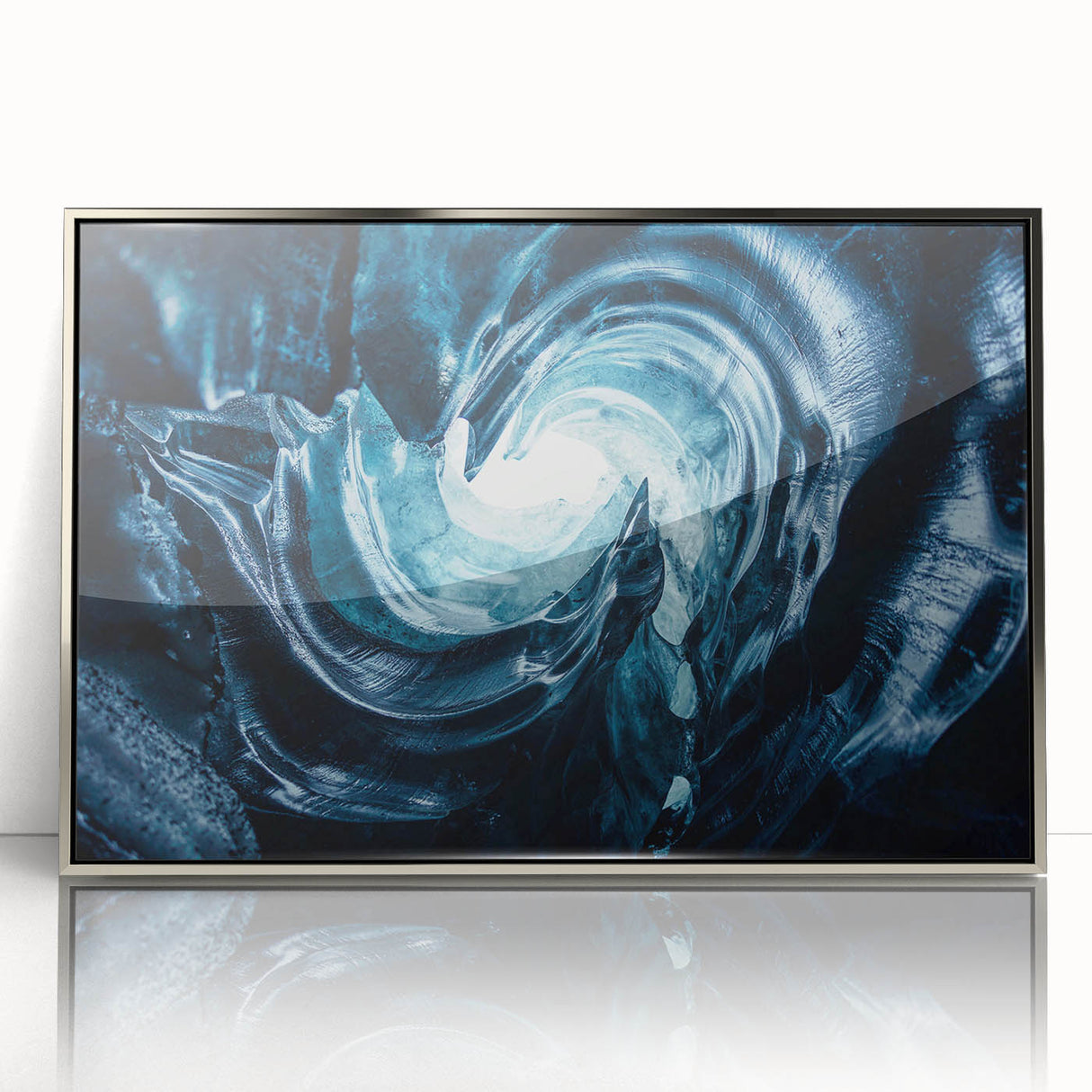 Framed acrylic wall art showcasing a stunning glacier landscape design in silver, perfect for adding a modern touch to any home decor. The piece features rich blues and whites, evoking the beauty of nature.
